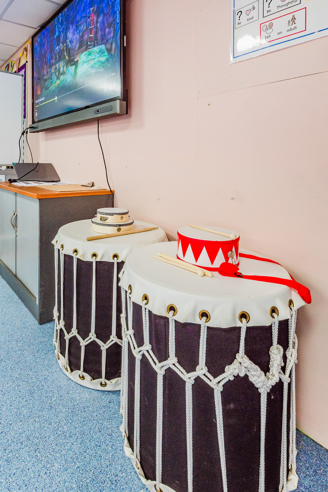 Music area with large drums and percussion instruments