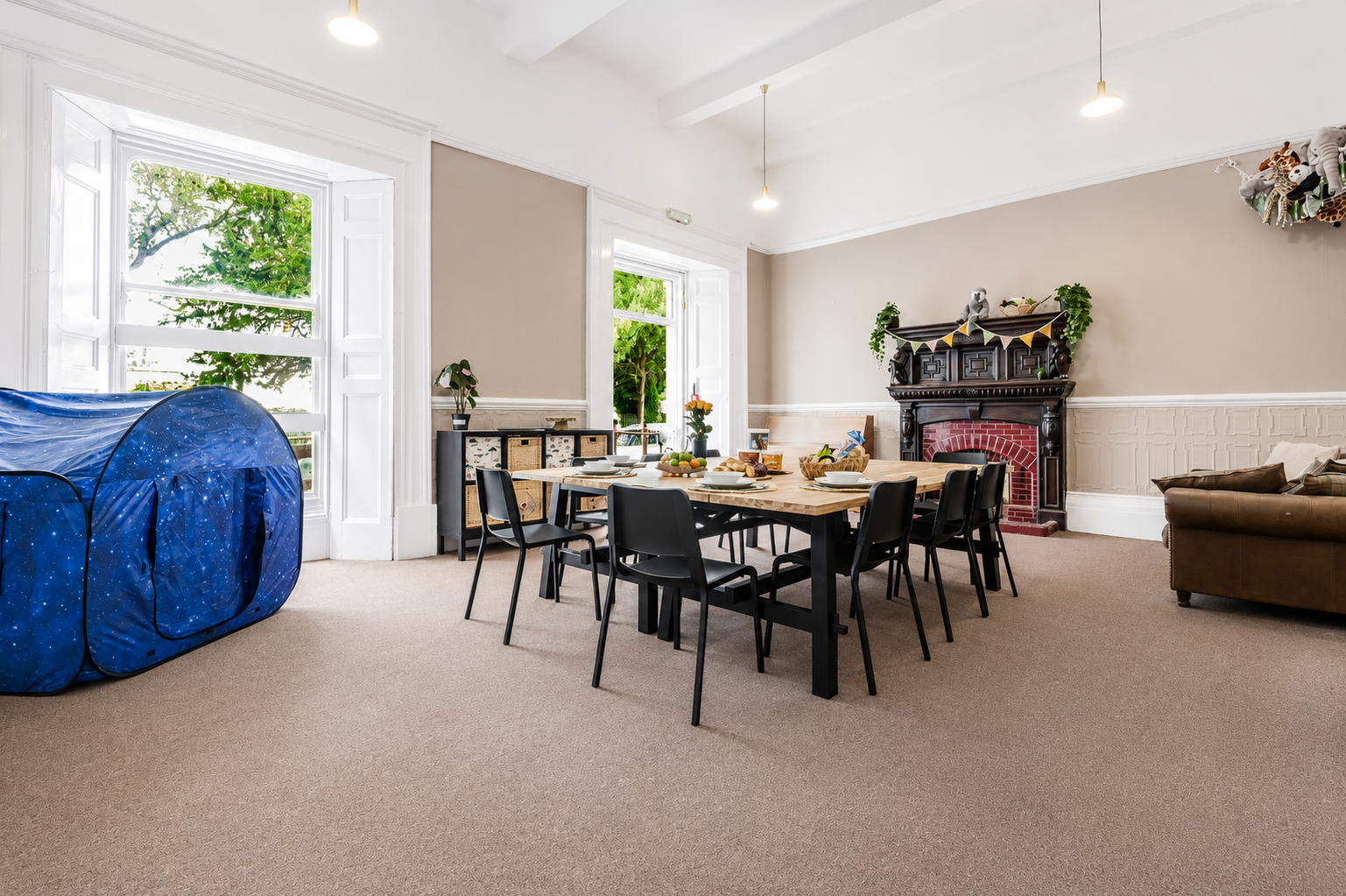 Spacious dining room with sensory pop-up tent