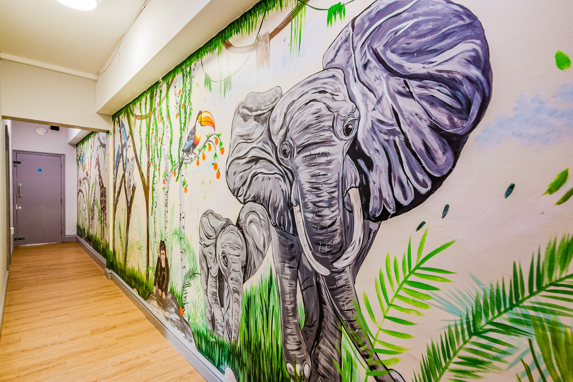 Elephant jungle mural along the hallway