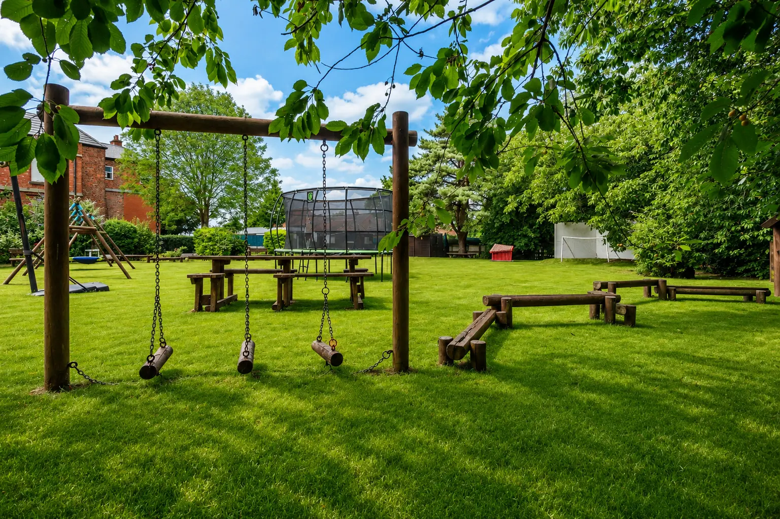 Wooden swings and climbing frame in the garden