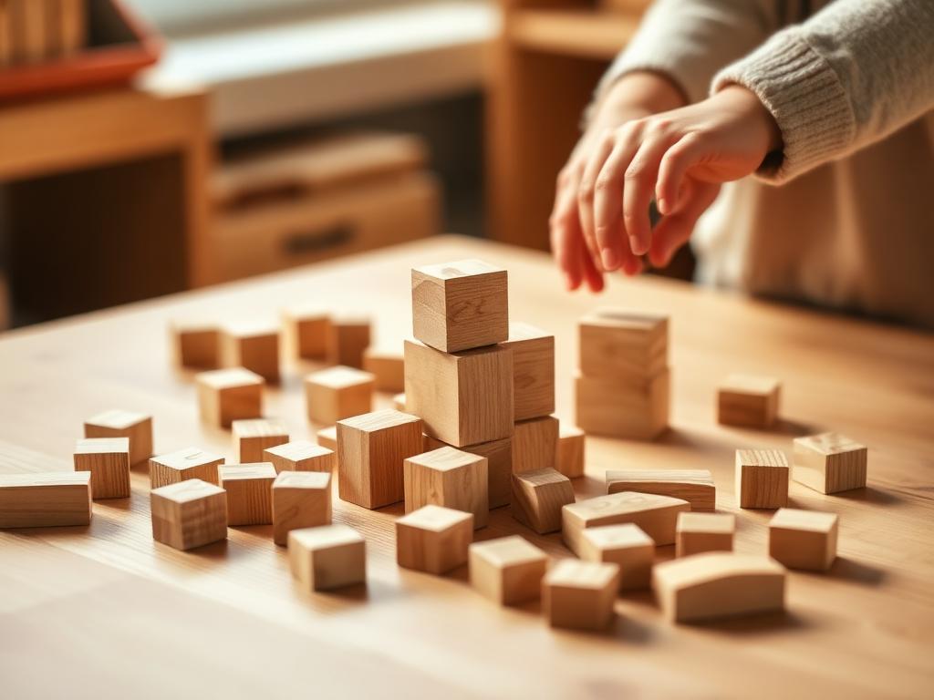 Children playing with wooden building blocks