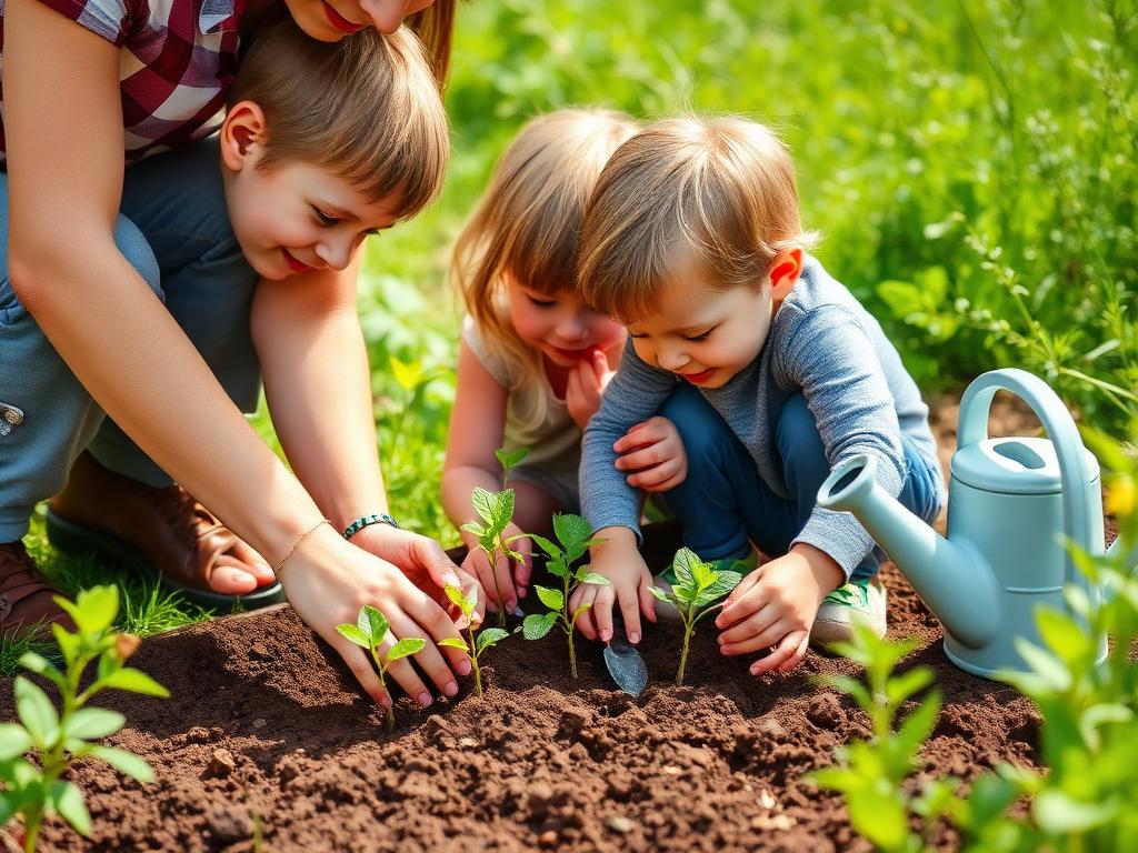 Children gardening together outdoors with a caring adult